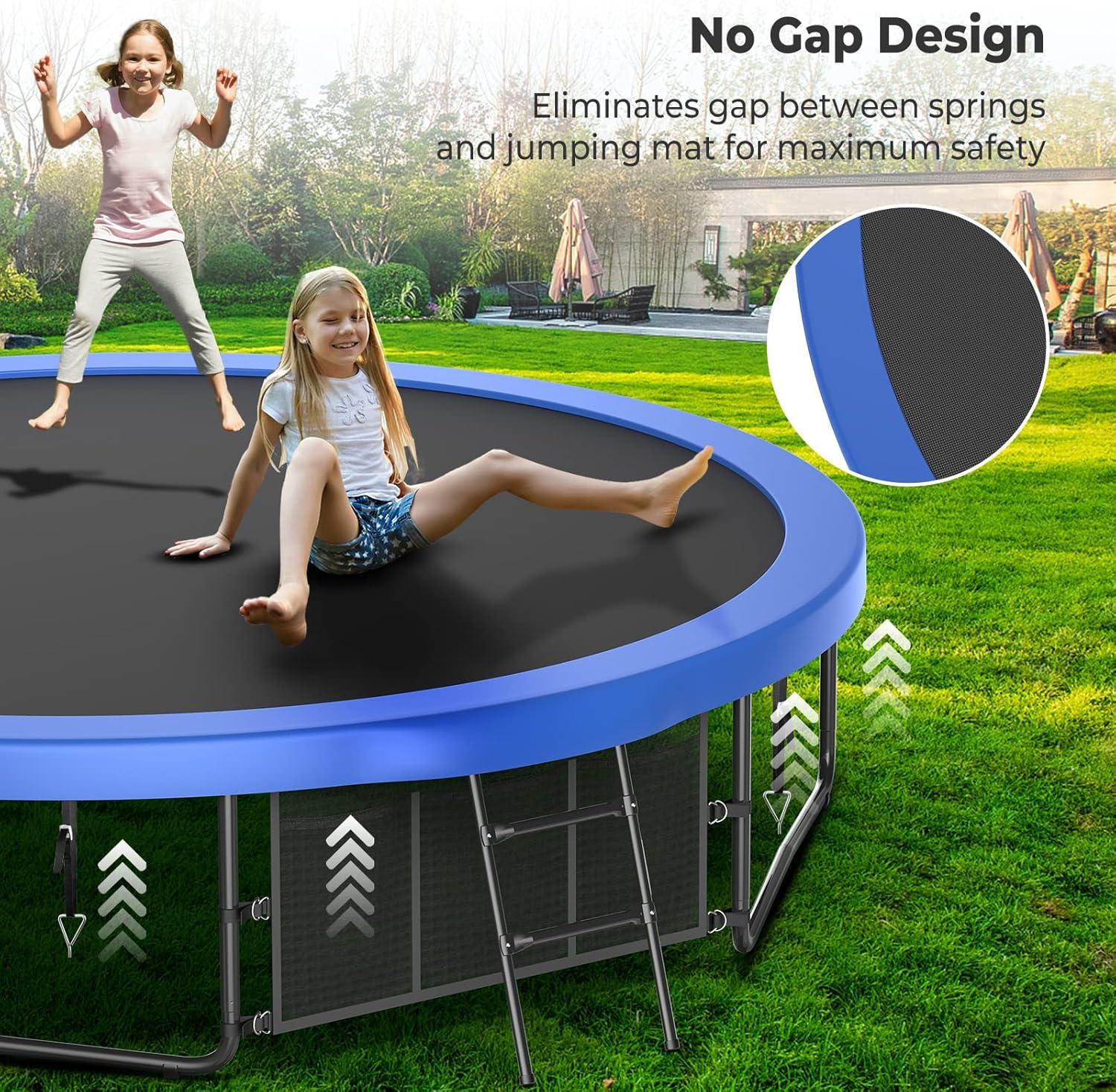 imageLyromix 12 14 15 16FT Trampoline Outdoor with Basketball Hoop Trampoline with Lights for Kids and Adults Recreational Trampolin with Sprinkler StakesBlue