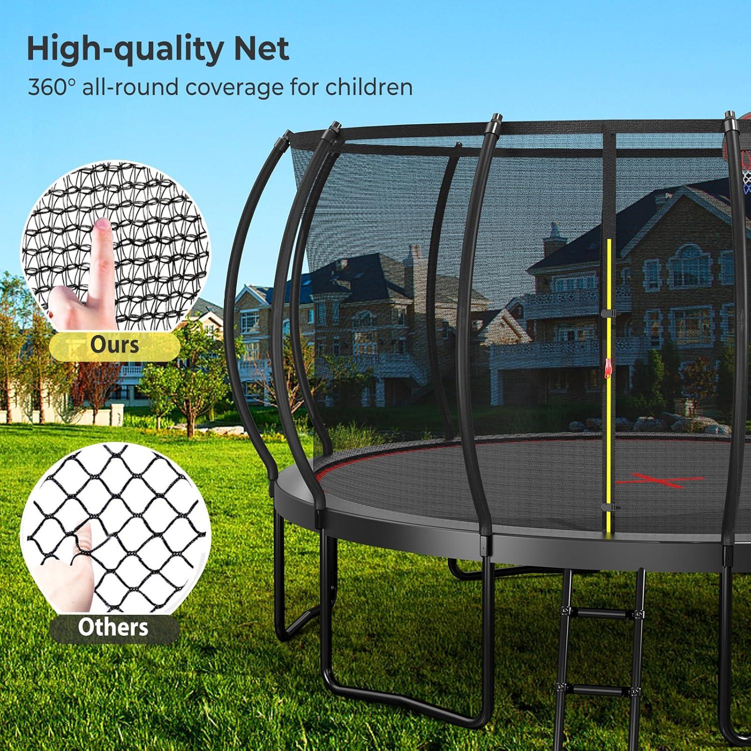 imageLyromix 12 14 15 16FT Trampoline Outdoor with Basketball Hoop Trampoline with Lights for Kids and Adults Recreational Trampolin with Sprinkler StakesCarbon Black