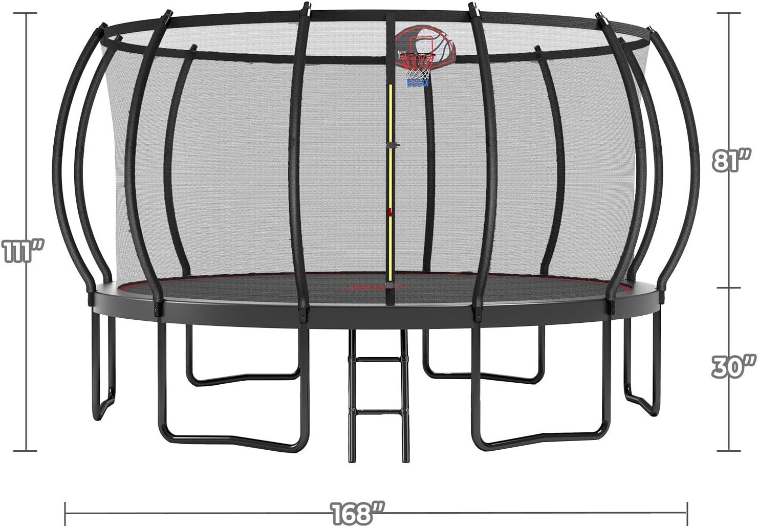 imageLyromix 12 14 15 16FT Trampoline Outdoor with Basketball Hoop Trampoline with Lights for Kids and Adults Recreational Trampolin with Sprinkler StakesCarbon Black
