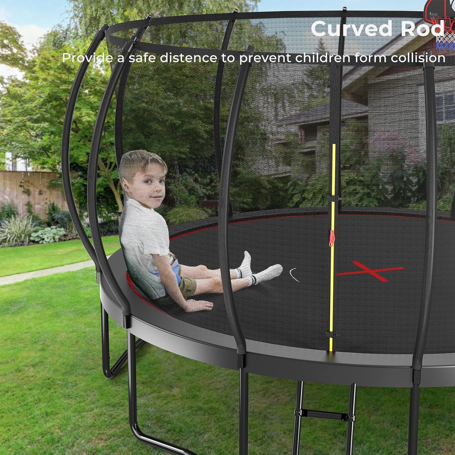imageLyromix 12 14 15 16FT Trampoline Outdoor with Basketball Hoop Trampoline with Lights for Kids and Adults Recreational Trampolin with Sprinkler StakesCarbon Black