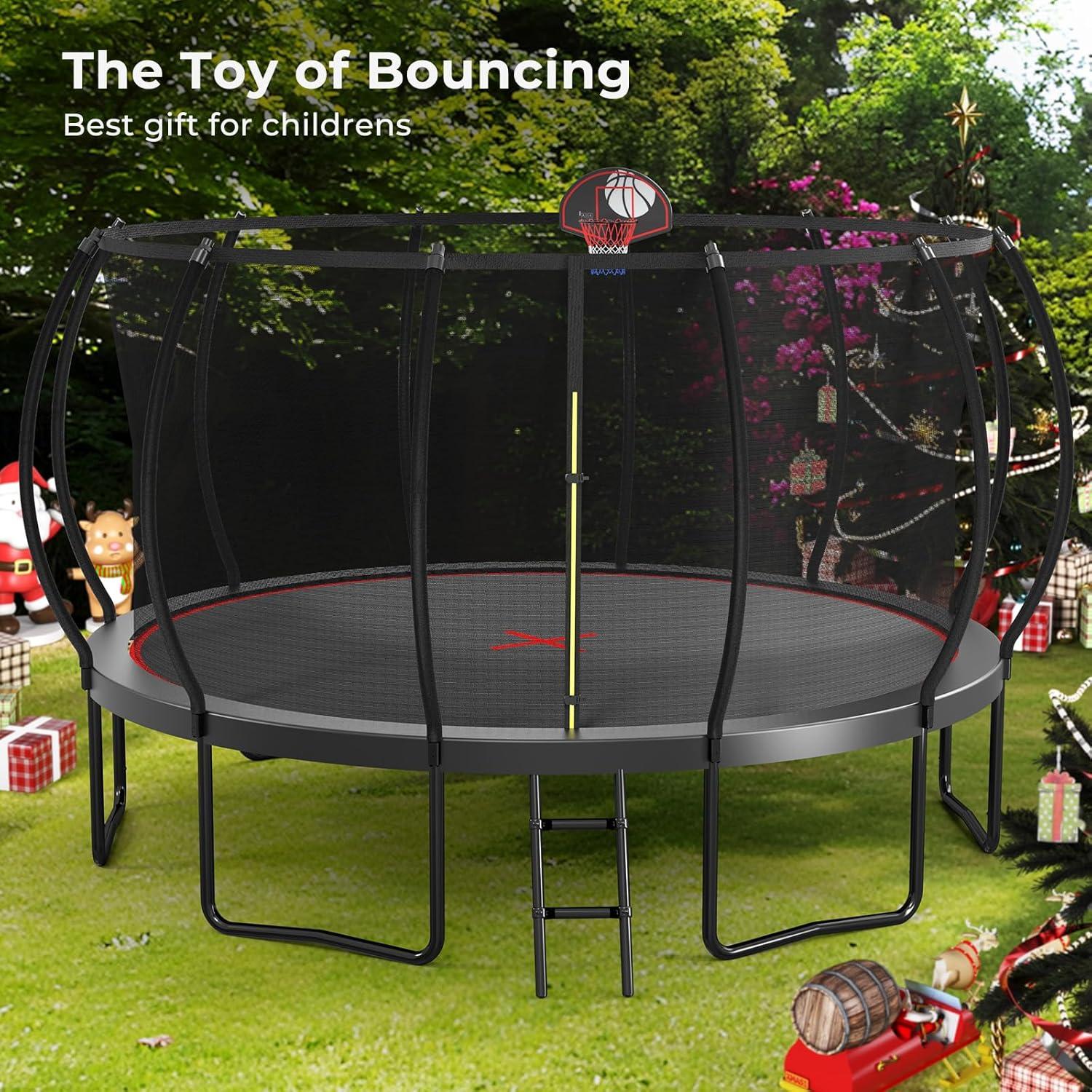 imageLyromix 12 14 15 16FT Trampoline Outdoor with Basketball Hoop Trampoline with Lights for Kids and Adults Recreational Trampolin with Sprinkler StakesCarbon Black