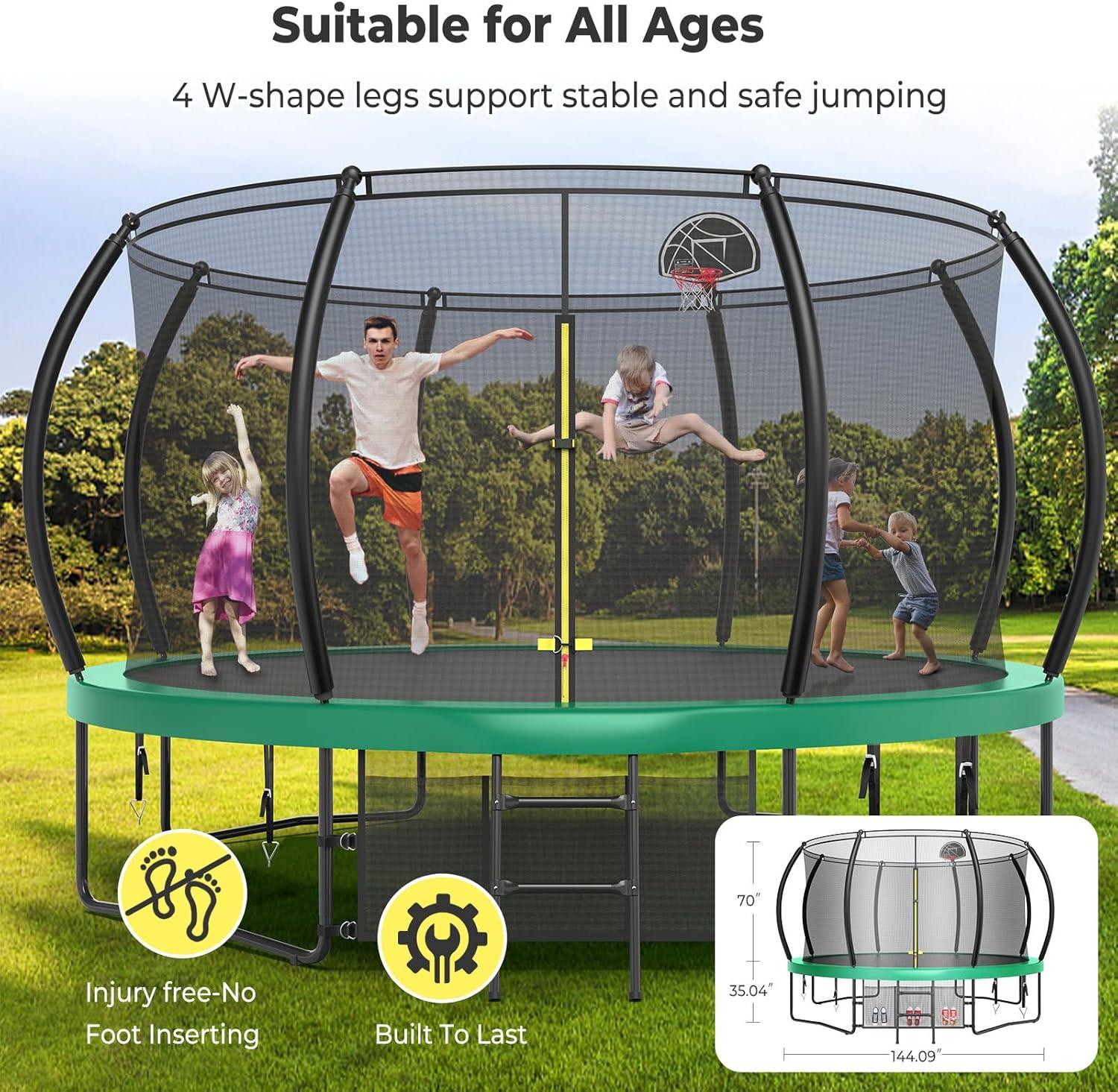imageLyromix 12 14 15 16FT Trampoline Outdoor with Basketball Hoop Trampoline with Lights for Kids and Adults Recreational Trampolin with Sprinkler StakesGreen