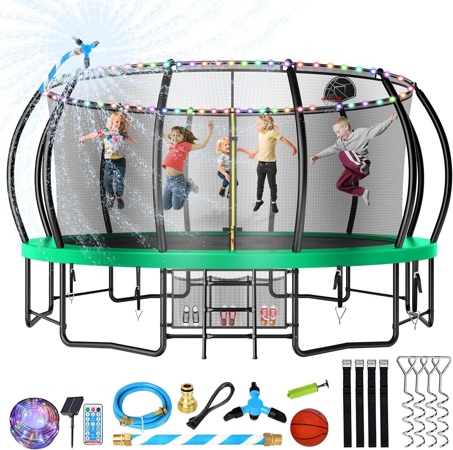 imageLyromix 12 14 15 16FT Trampoline Outdoor with Basketball Hoop Trampoline with Lights for Kids and Adults Recreational Trampolin with Sprinkler StakesGreen