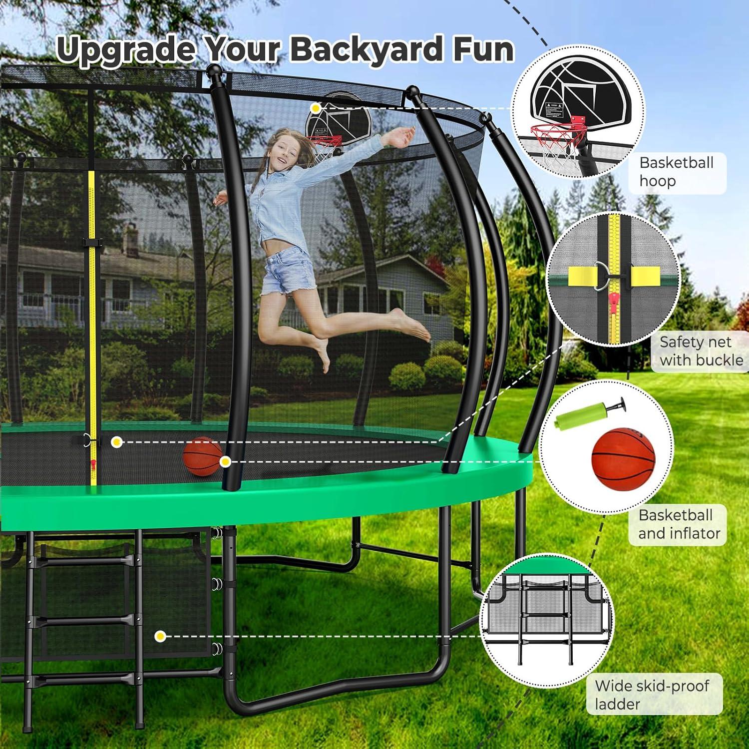 imageLyromix 12 14 15 16FT Trampoline Outdoor with Basketball Hoop Trampoline with Lights for Kids and Adults Recreational Trampolin with Sprinkler StakesGreen