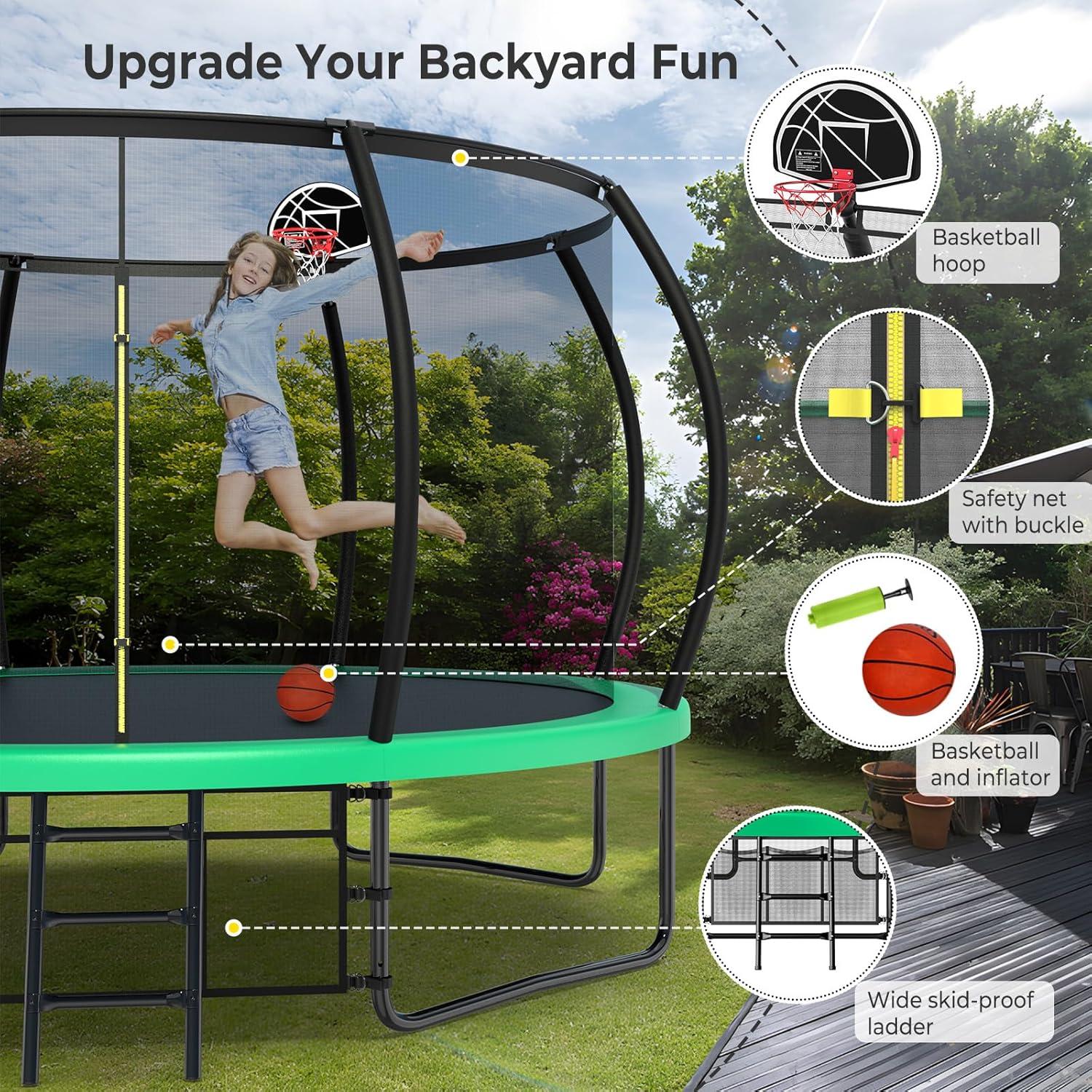 imageLyromix 12 14 15 16FT Trampoline Outdoor with Basketball Hoop Trampoline with Lights for Kids and Adults Recreational Trampolin with Sprinkler StakesGreen