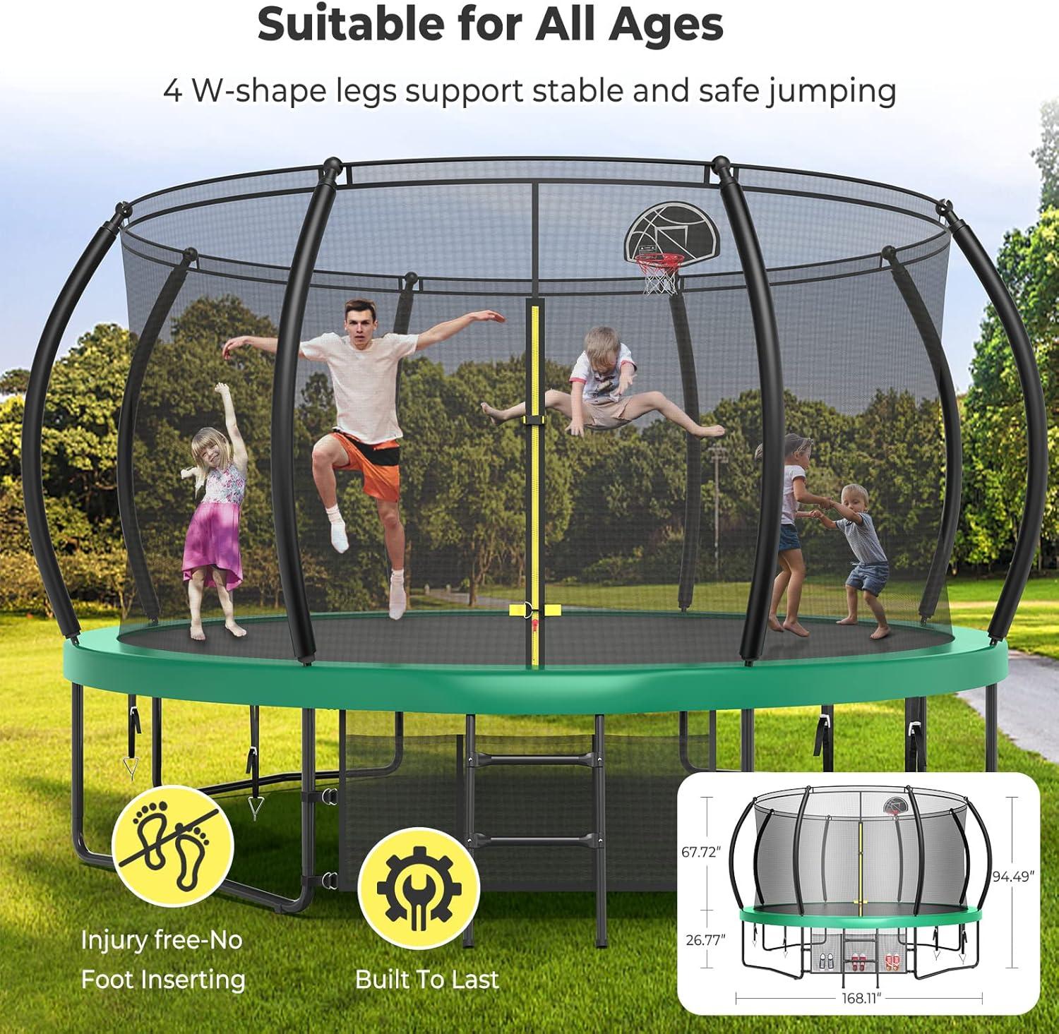 imageLyromix 12 14 15 16FT Trampoline Outdoor with Basketball Hoop Trampoline with Lights for Kids and Adults Recreational Trampolin with Sprinkler StakesGreen