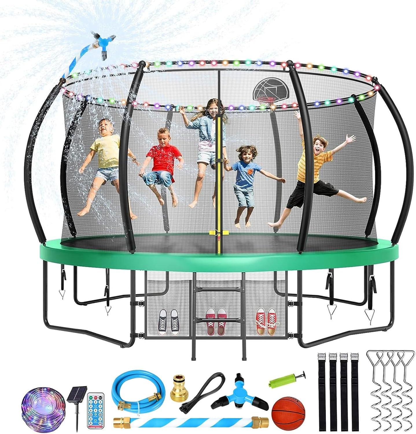 imageLyromix 12 14 15 16FT Trampoline Outdoor with Basketball Hoop Trampoline with Lights for Kids and Adults Recreational Trampolin with Sprinkler StakesGreen
