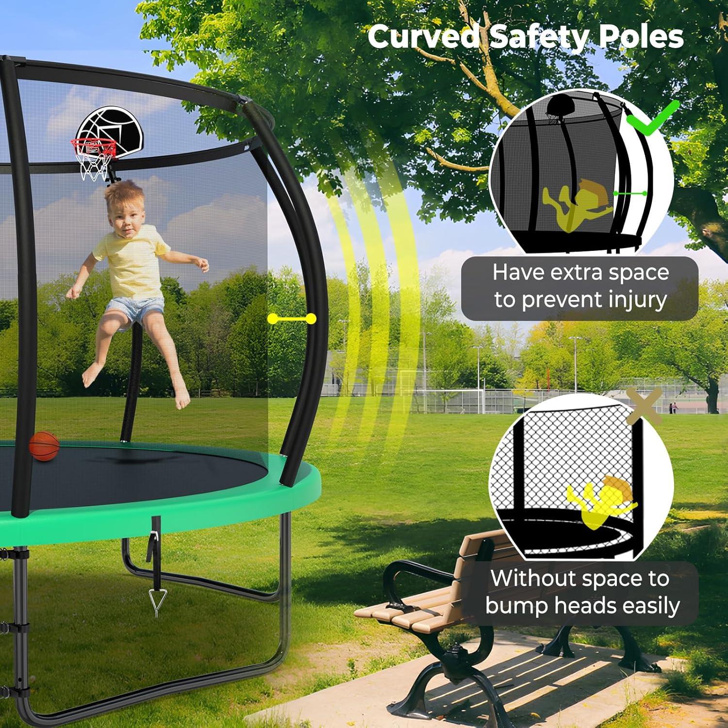 imageLyromix 12 14 15 16FT Trampoline Outdoor with Basketball Hoop Trampoline with Lights for Kids and Adults Recreational Trampolin with Sprinkler StakesGreen