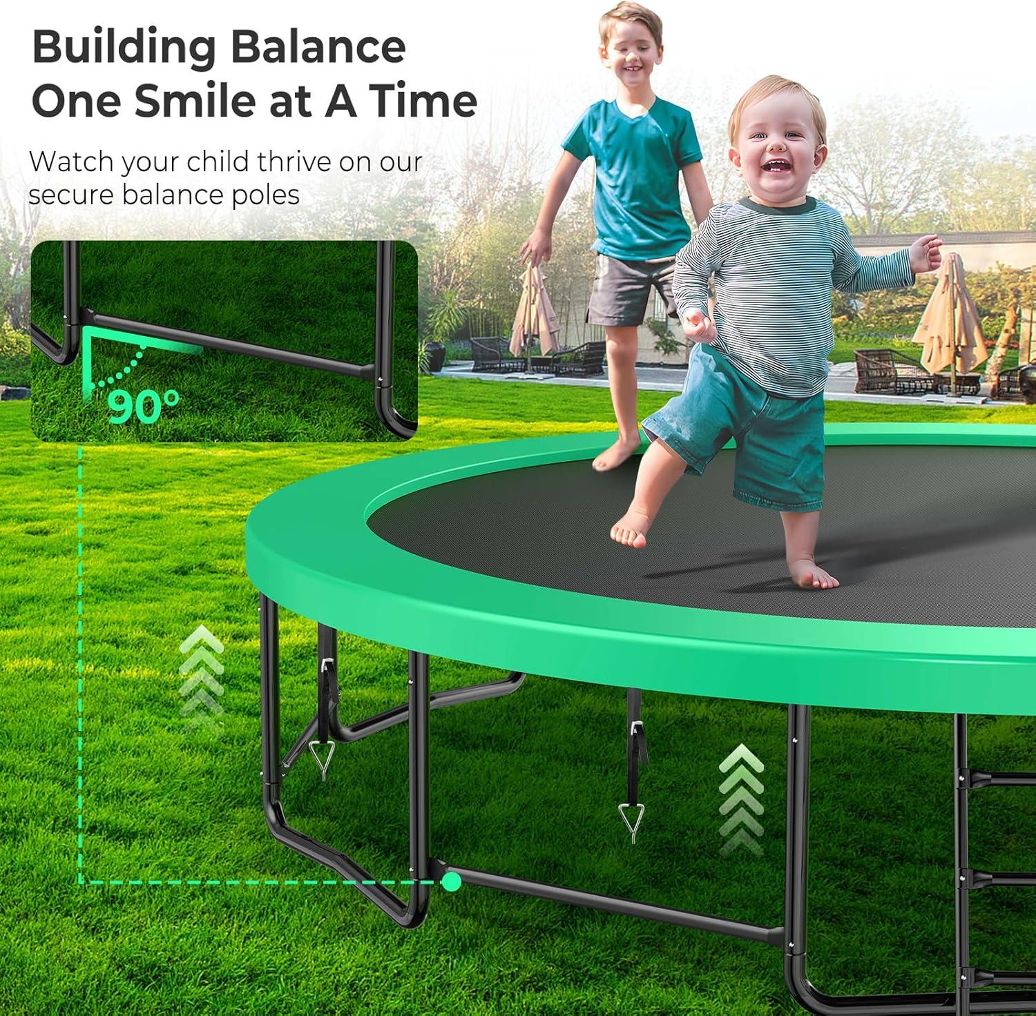 imageLyromix 12 14 15 16FT Trampoline Outdoor with Basketball Hoop Trampoline with Lights for Kids and Adults Recreational Trampolin with Sprinkler StakesGreen