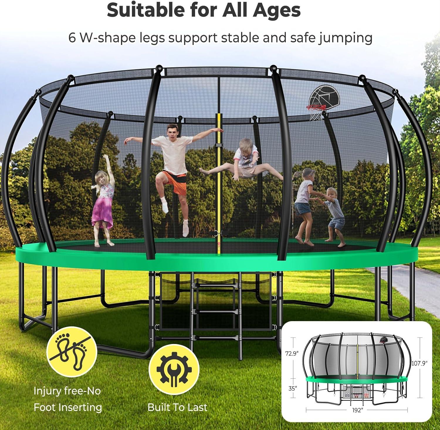 imageLyromix 12 14 15 16FT Trampoline Outdoor with Basketball Hoop Trampoline with Lights for Kids and Adults Recreational Trampolin with Sprinkler StakesGreen