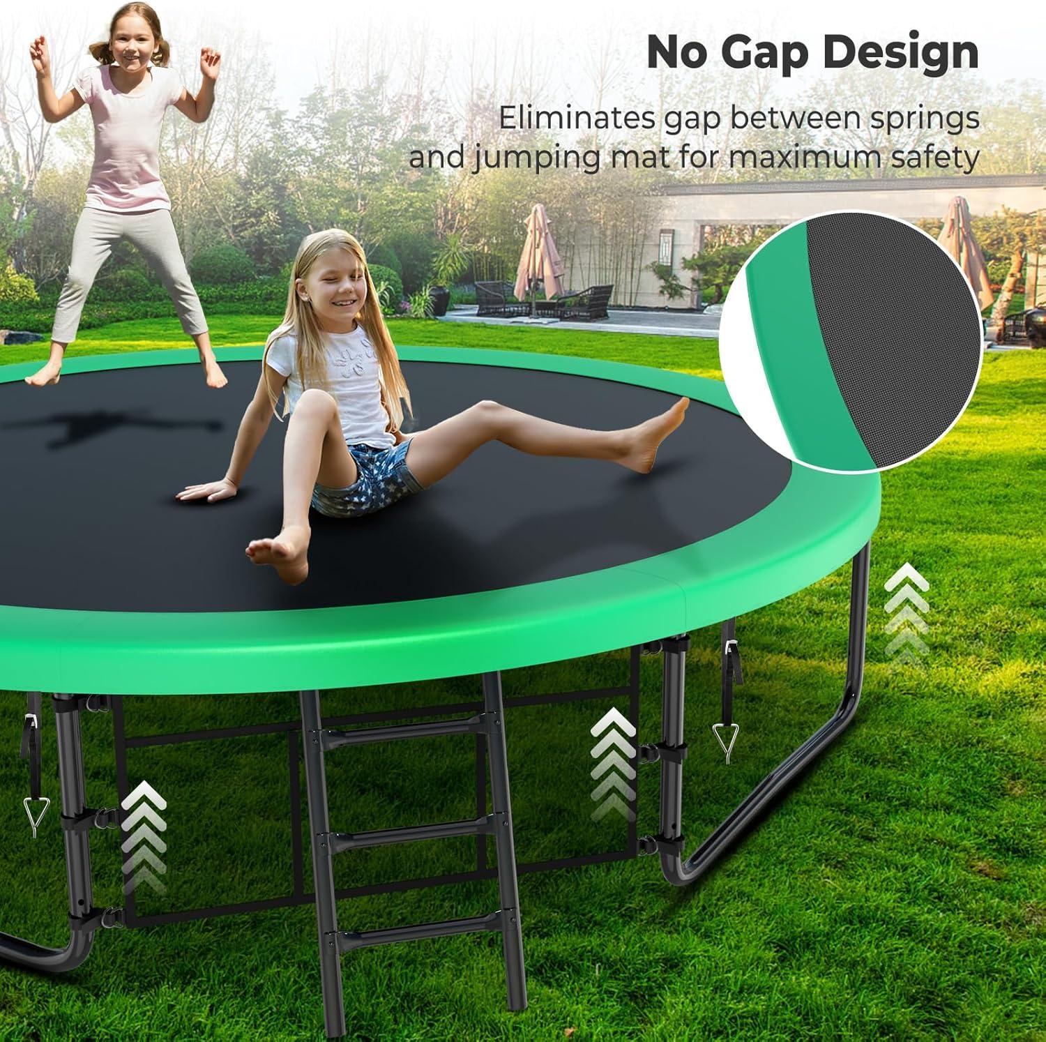 imageLyromix 12 14 15 16FT Trampoline Outdoor with Basketball Hoop Trampoline with Lights for Kids and Adults Recreational Trampolin with Sprinkler StakesGreen