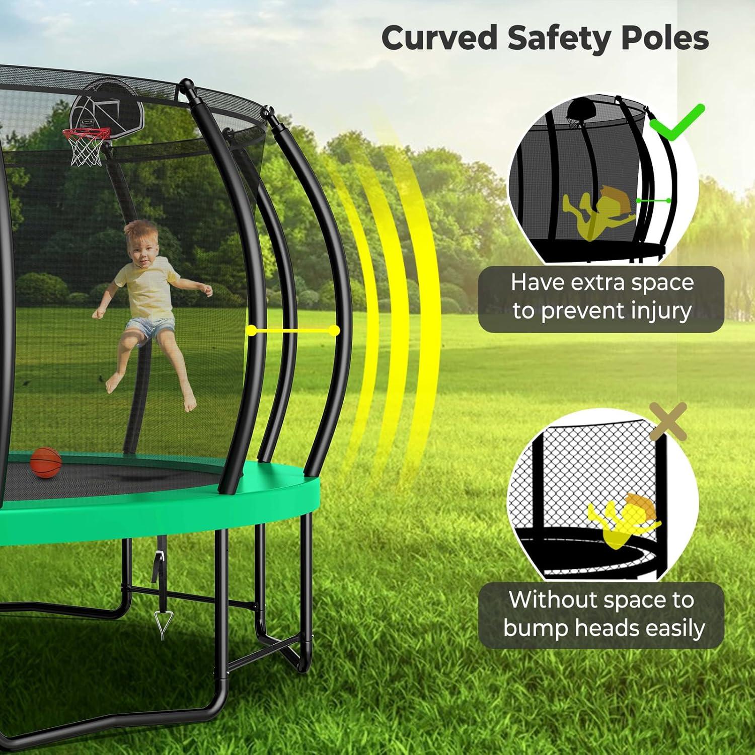 imageLyromix 12 14 15 16FT Trampoline Outdoor with Basketball Hoop Trampoline with Lights for Kids and Adults Recreational Trampolin with Sprinkler StakesGreen