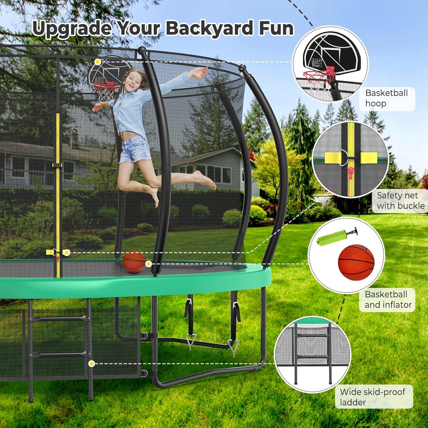 imageLyromix 12 14 15 16FT Trampoline Outdoor with Basketball Hoop Trampoline with Lights for Kids and Adults Recreational Trampolin with Sprinkler StakesGreen