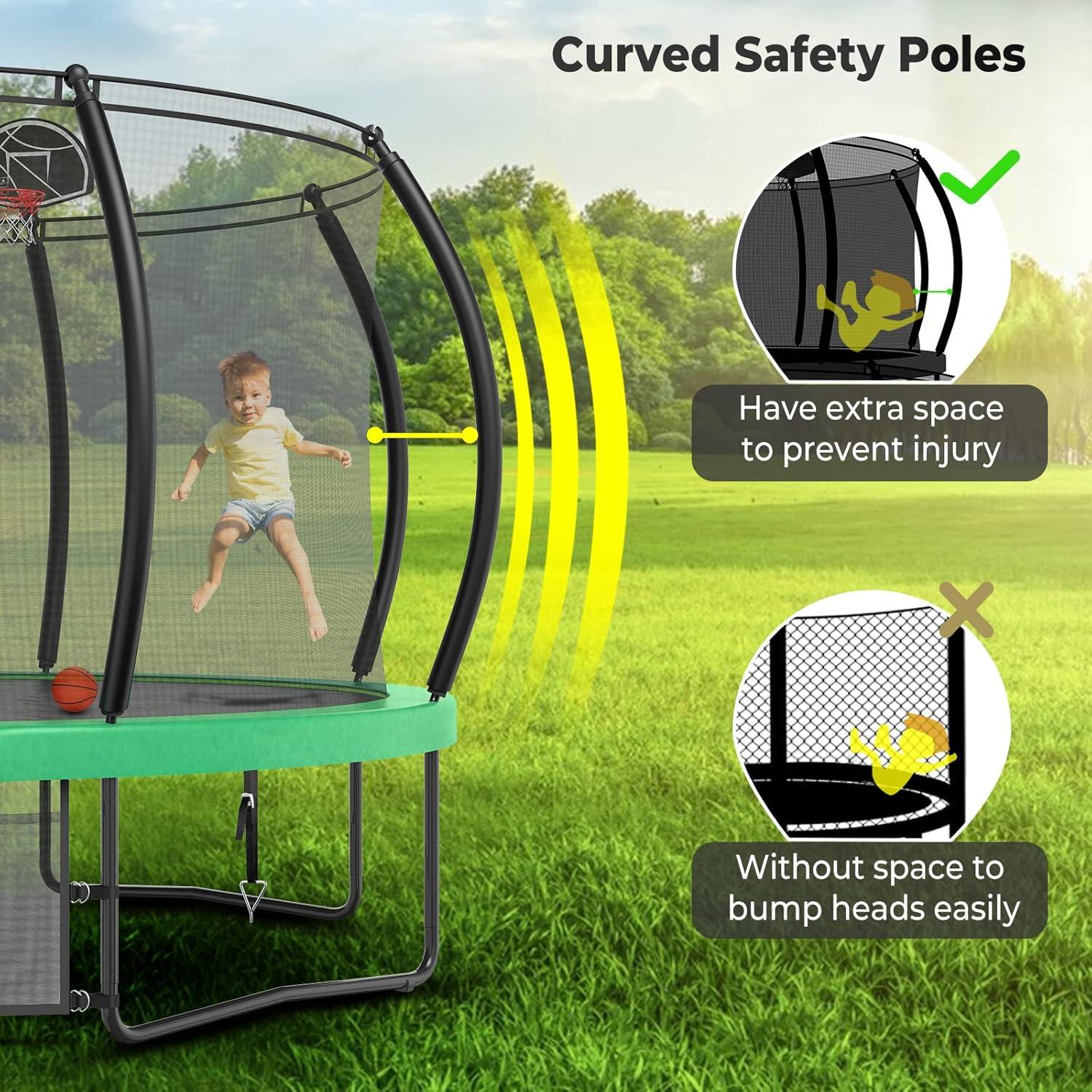 imageLyromix 12 14 15 16FT Trampoline Outdoor with Basketball Hoop Trampoline with Lights for Kids and Adults Recreational Trampolin with Sprinkler StakesGreen