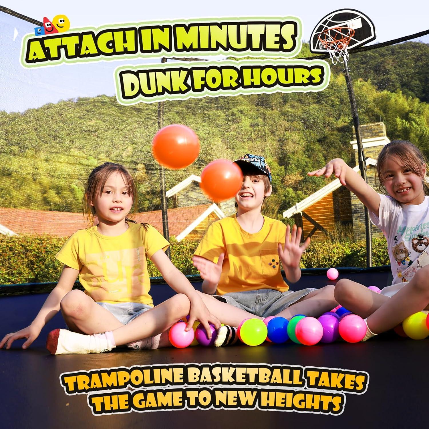 imageLyromix 12 14 15 16FT Trampoline Outdoor with Basketball Hoop Trampoline with Lights for Kids and Adults Recreational Trampolin with Sprinkler StakesOrange