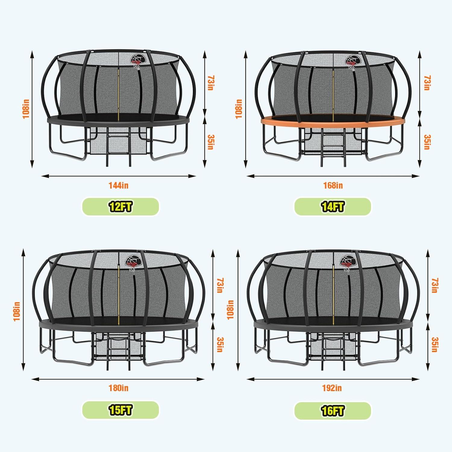 imageLyromix 12 14 15 16FT Trampoline Outdoor with Basketball Hoop Trampoline with Lights for Kids and Adults Recreational Trampolin with Sprinkler StakesOrange