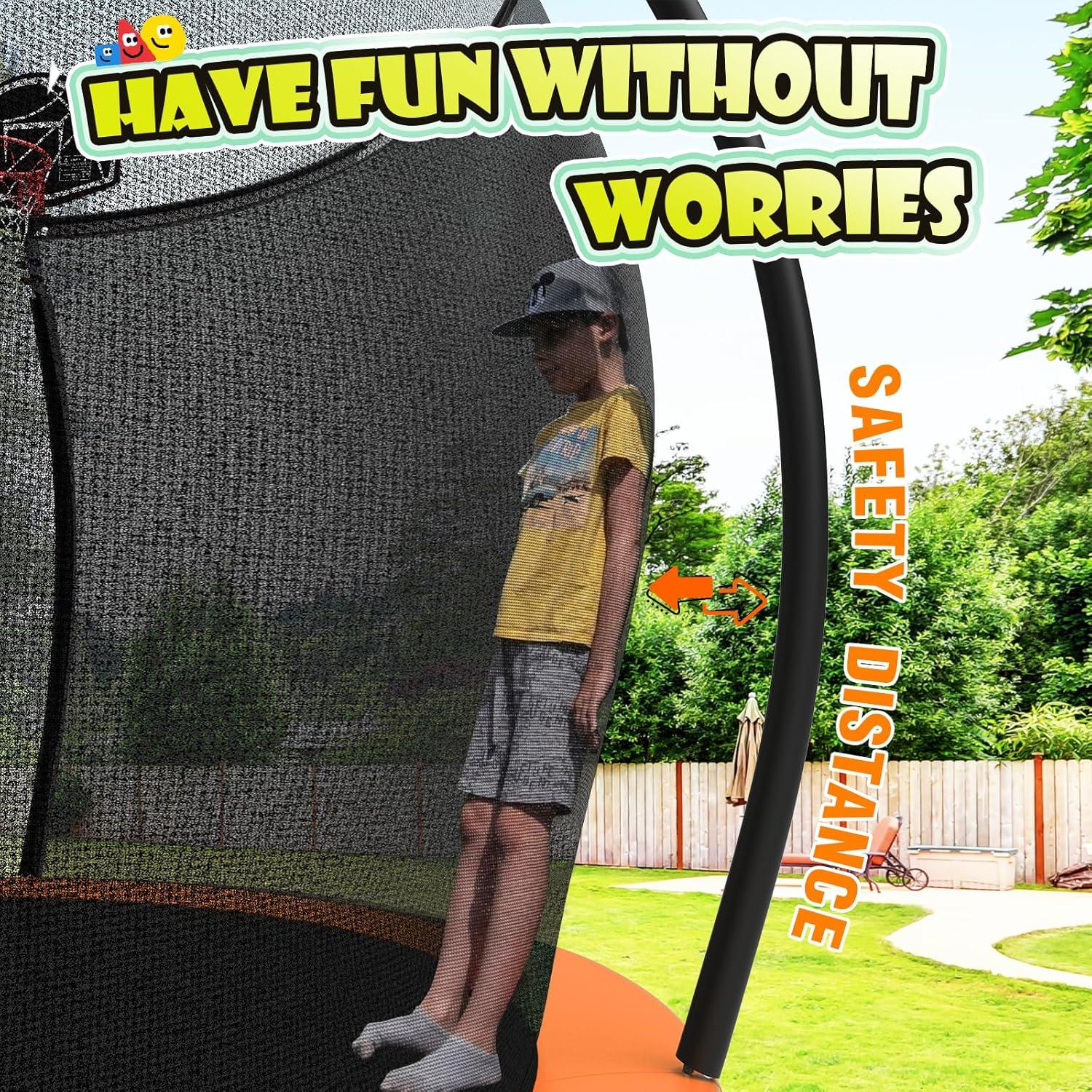 imageLyromix 12 14 15 16FT Trampoline Outdoor with Basketball Hoop Trampoline with Lights for Kids and Adults Recreational Trampolin with Sprinkler StakesOrange