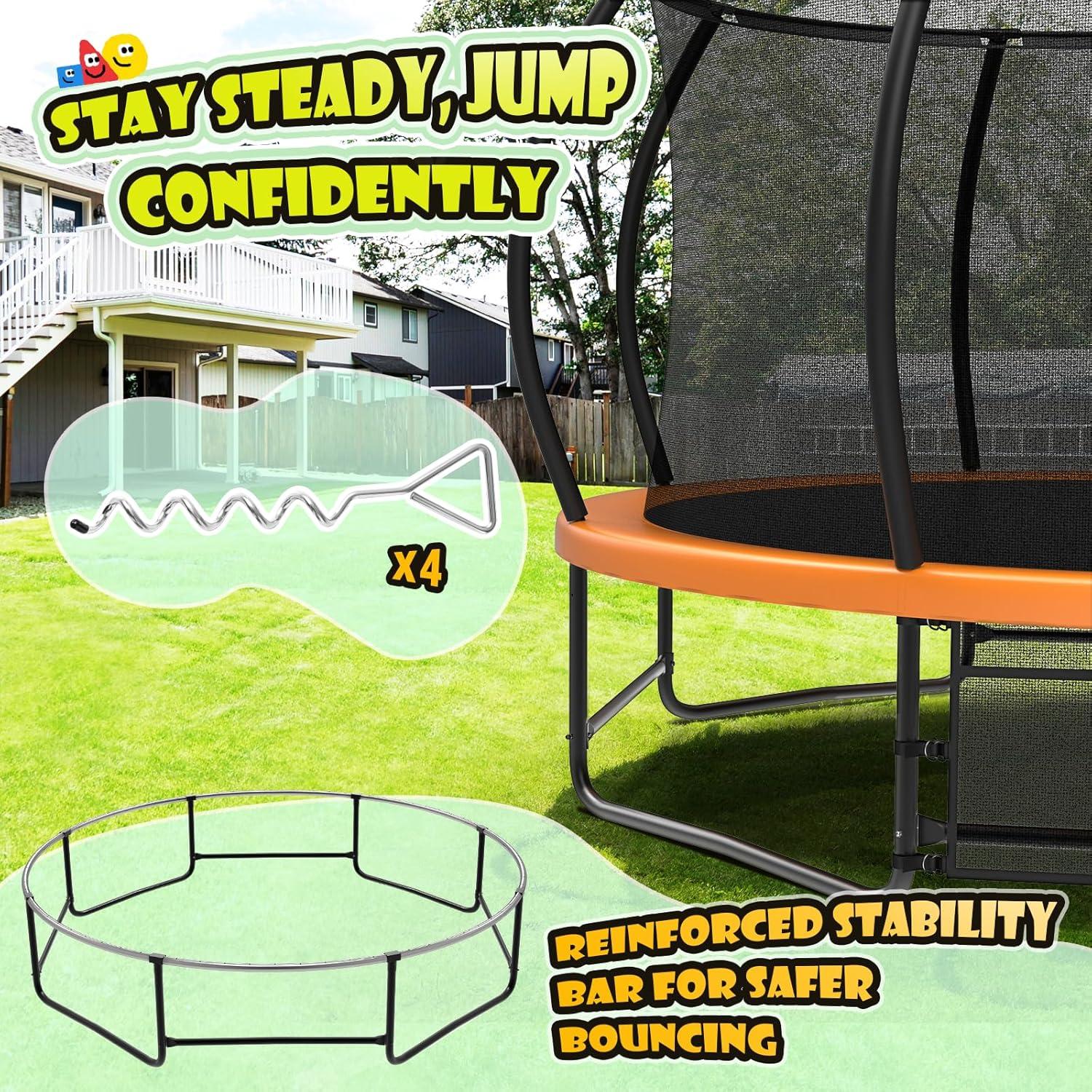 imageLyromix 12 14 15 16FT Trampoline Outdoor with Basketball Hoop Trampoline with Lights for Kids and Adults Recreational Trampolin with Sprinkler StakesOrange