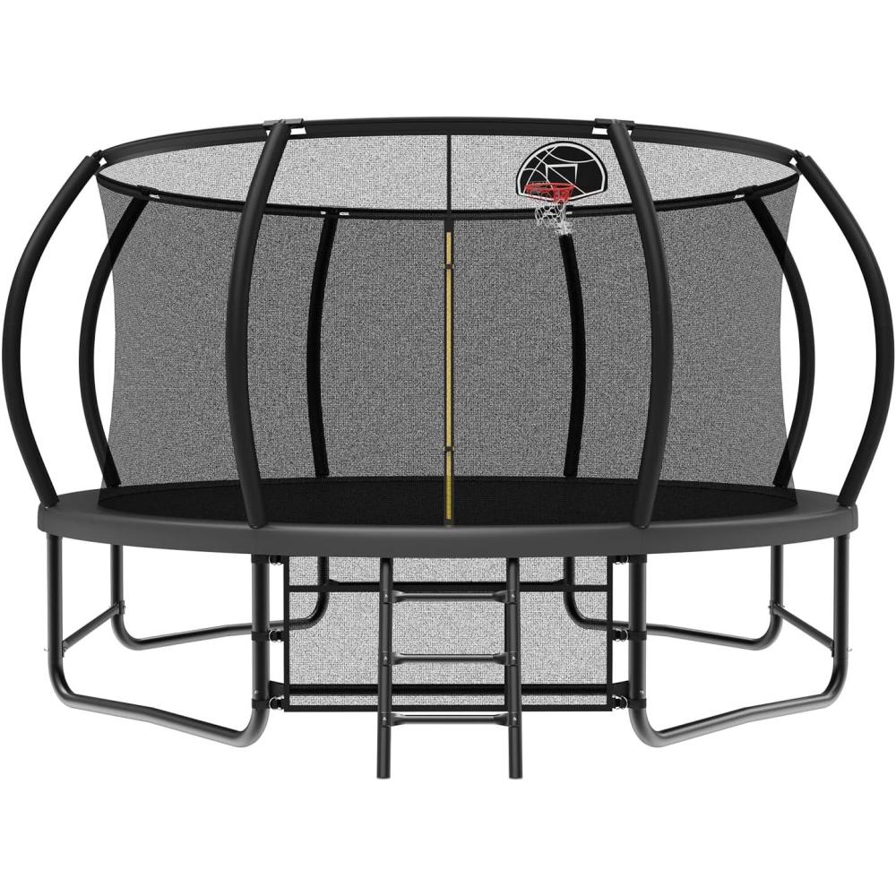 imageLyromix 12 14 15 16FT Trampoline Outdoor with Basketball Hoop Trampoline with Lights for Kids and Adults Recreational Trampolin with Sprinkler StakesBlack