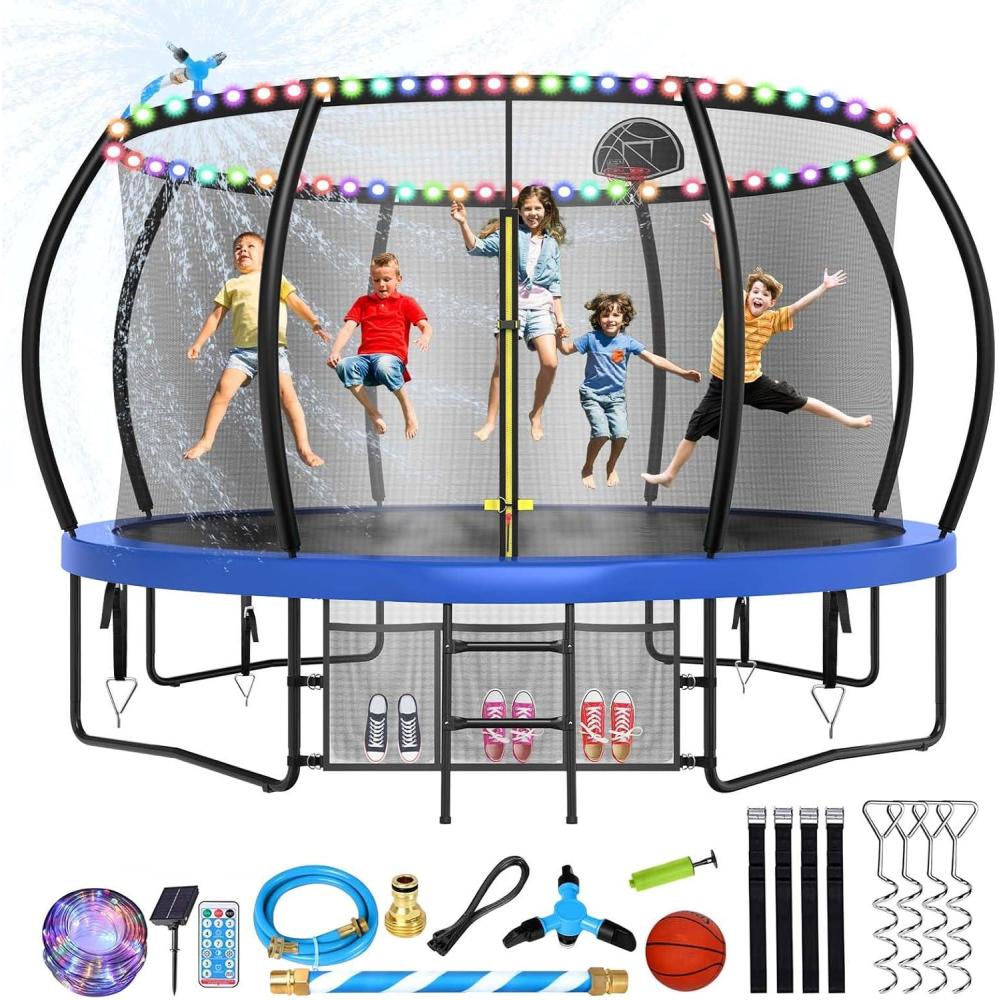 imageLyromix 12 14 15 16FT Trampoline Outdoor with Basketball Hoop Trampoline with Lights for Kids and Adults Recreational Trampolin with Sprinkler StakesBlue