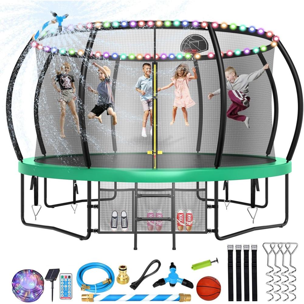 imageLyromix 12 14 15 16FT Trampoline Outdoor with Basketball Hoop Trampoline with Lights for Kids and Adults Recreational Trampolin with Sprinkler StakesGreen