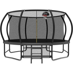 Lyromix 12 14 15 16FT Trampoline Outdoor with Basketball Hoop, Trampoline with Lights for Kids and Adults, Recreational Trampolin with Sprinkler, Stakes(Black)