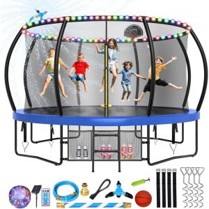 Lyromix 12 14 15 16FT Trampoline Outdoor with Basketball Hoop, Trampoline with Lights for Kids and Adults, Recreational Trampolin with Sprinkler, Stakes(Blue)