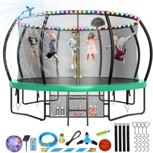 Lyromix 12 14 15 16FT Trampoline Outdoor with Basketball Hoop, Trampoline with Lights for Kids and Adults, Recreational Trampolin with Sprinkler, Stakes(Green)