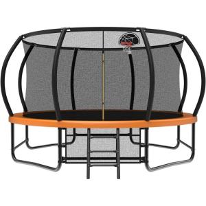 Lyromix 12 14 15 16FT Trampoline Outdoor with Basketball Hoop, Trampoline with Lights for Kids and Adults, Recreational Trampolin with Sprinkler, Stakes(Orange)