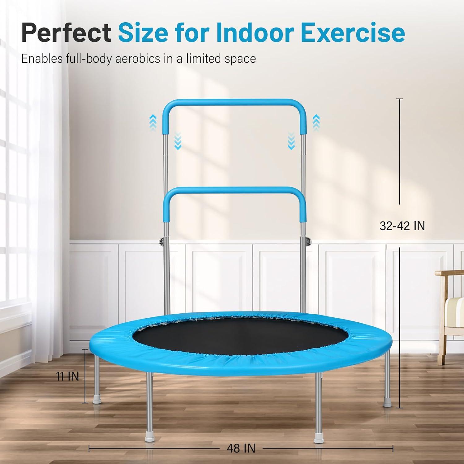 imageLyromix 40quot 48quot Rebounder Trampoline for Adults with Adjustable Bar Mini Fitness Trampoline for Adults and Kids Small Exercise Trampoline with Handle for Indoor Outdoor WorkoutBright Blue