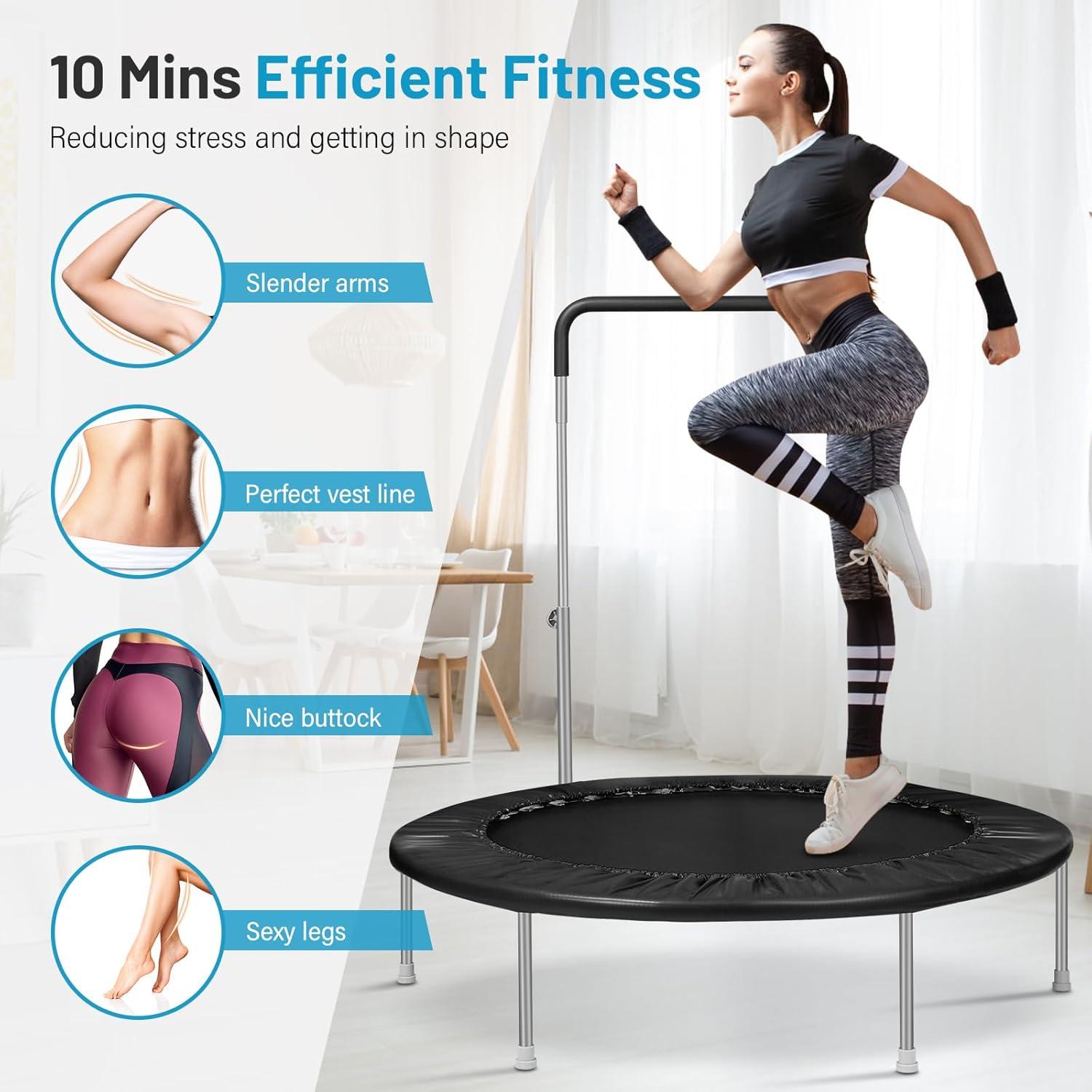 imageLyromix 40quot 48quot Rebounder Trampoline for Adults with Adjustable Bar Mini Fitness Trampoline for Adults and Kids Small Exercise Trampoline with Handle for Indoor Outdoor WorkoutBlack