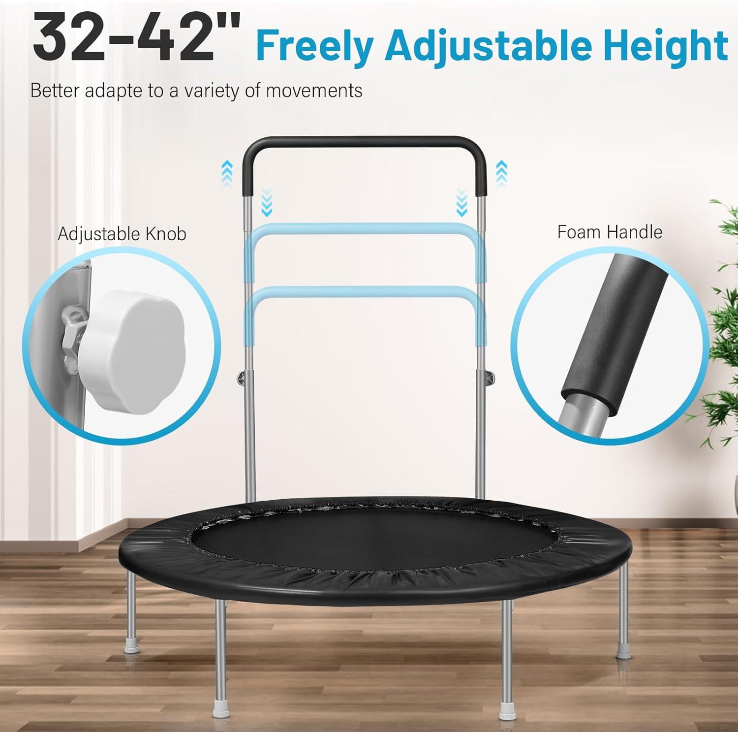 imageLyromix 40quot 48quot Rebounder Trampoline for Adults with Adjustable Bar Mini Fitness Trampoline for Adults and Kids Small Exercise Trampoline with Handle for Indoor Outdoor WorkoutBlack
