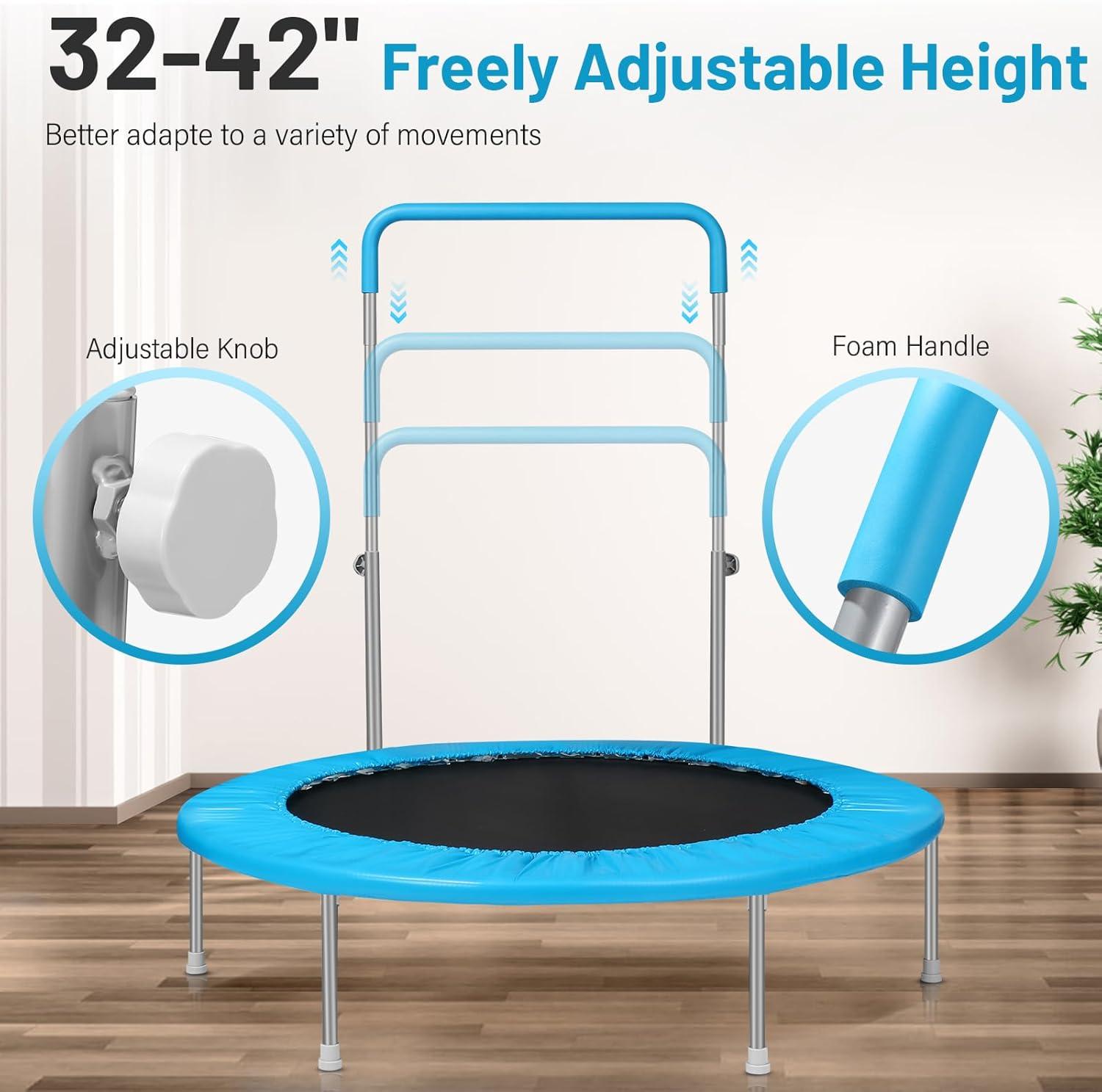imageLyromix 40quot 48quot Rebounder Trampoline for Adults with Adjustable Bar Mini Fitness Trampoline for Adults and Kids Small Exercise Trampoline with Handle for Indoor Outdoor WorkoutBright Blue