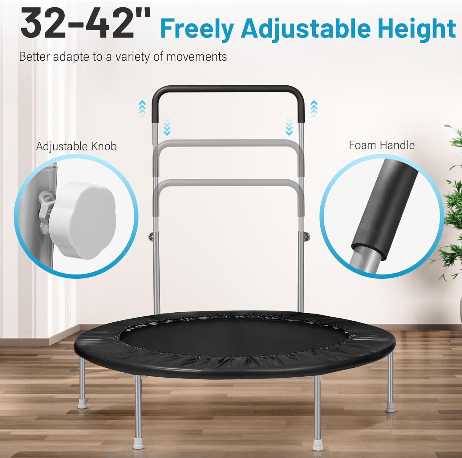 imageLyromix 40quot 48quot Rebounder Trampoline for Adults with Adjustable Bar Mini Fitness Trampoline for Adults and Kids Small Exercise Trampoline with Handle for Indoor Outdoor WorkoutDark Black
