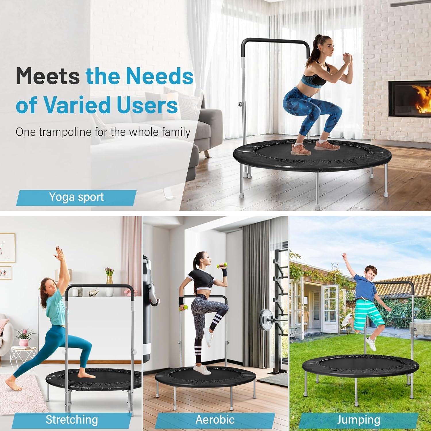 imageLyromix 40quot 48quot Rebounder Trampoline for Adults with Adjustable Bar Mini Fitness Trampoline for Adults and Kids Small Exercise Trampoline with Handle for Indoor Outdoor WorkoutBlack