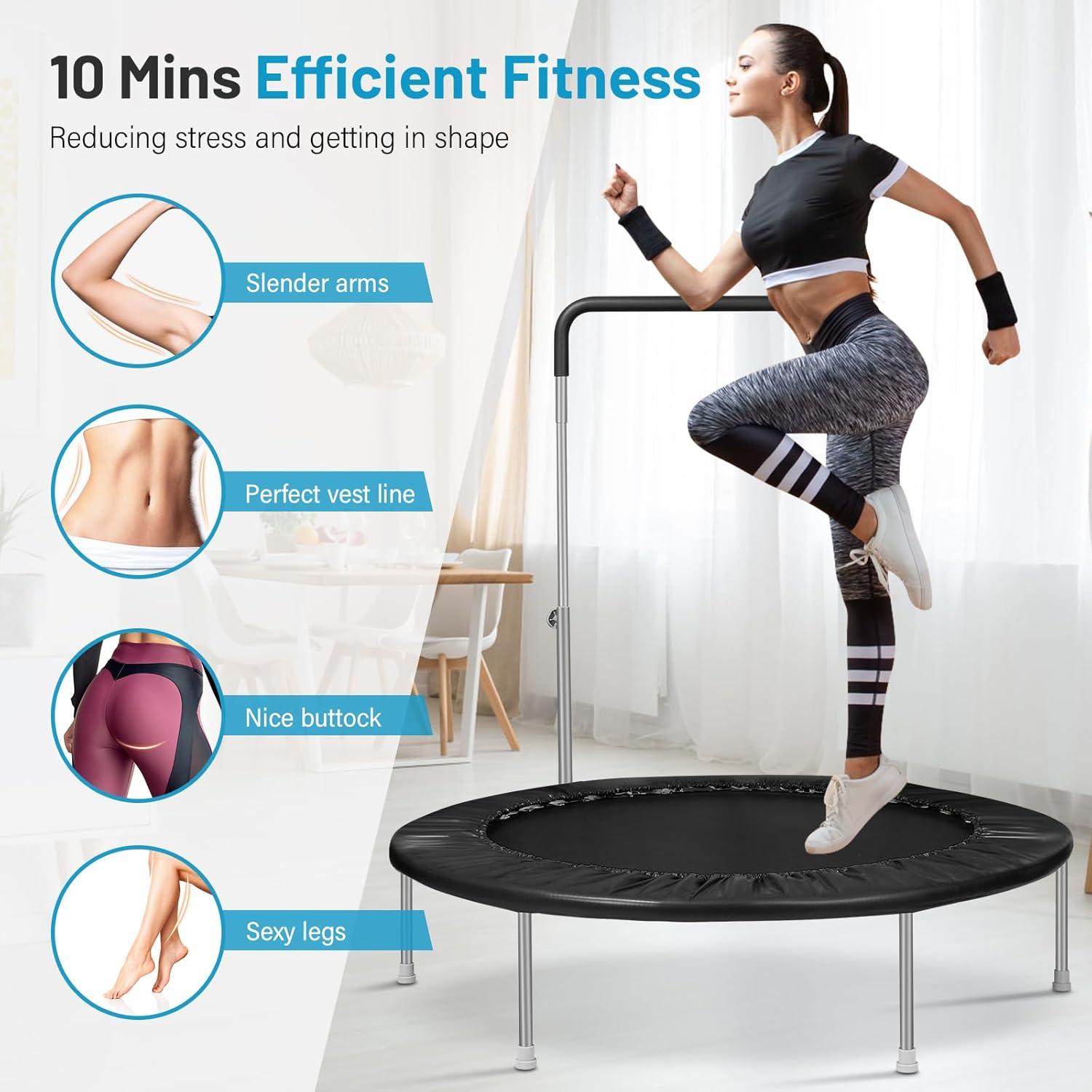 imageLyromix 40quot 48quot Rebounder Trampoline for Adults with Adjustable Bar Mini Fitness Trampoline for Adults and Kids Small Exercise Trampoline with Handle for Indoor Outdoor WorkoutDark Black