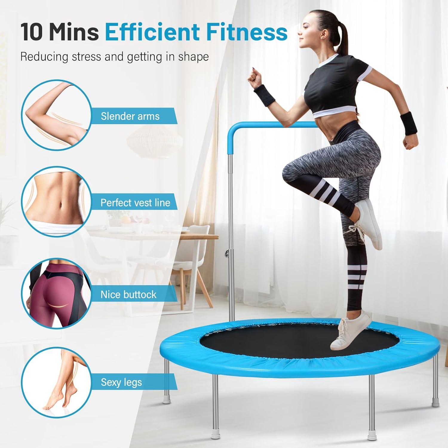 imageLyromix 40quot 48quot Rebounder Trampoline for Adults with Adjustable Bar Mini Fitness Trampoline for Adults and Kids Small Exercise Trampoline with Handle for Indoor Outdoor WorkoutBlue