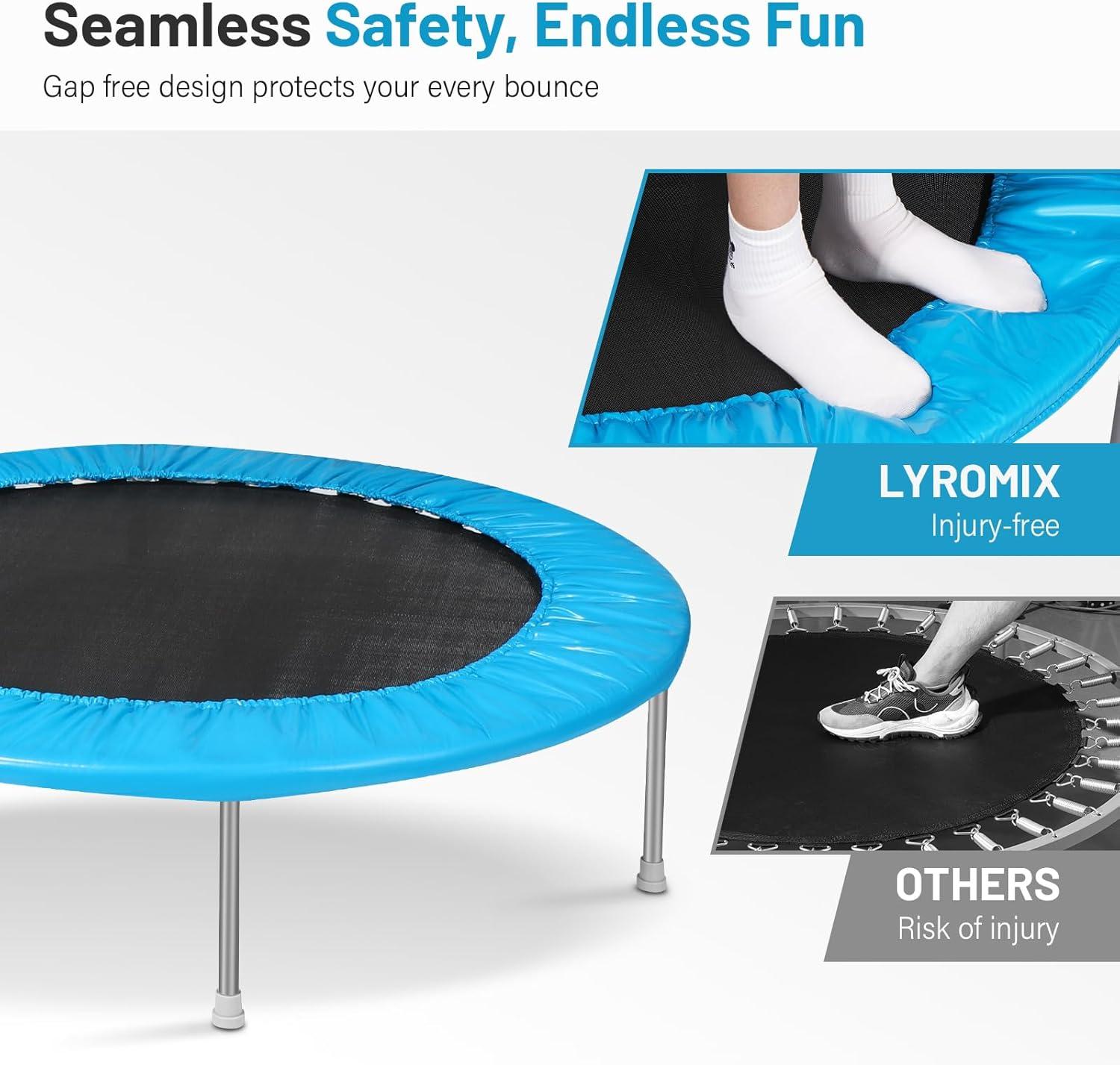 imageLyromix 40quot 48quot Rebounder Trampoline for Adults with Adjustable Bar Mini Fitness Trampoline for Adults and Kids Small Exercise Trampoline with Handle for Indoor Outdoor WorkoutBright Blue