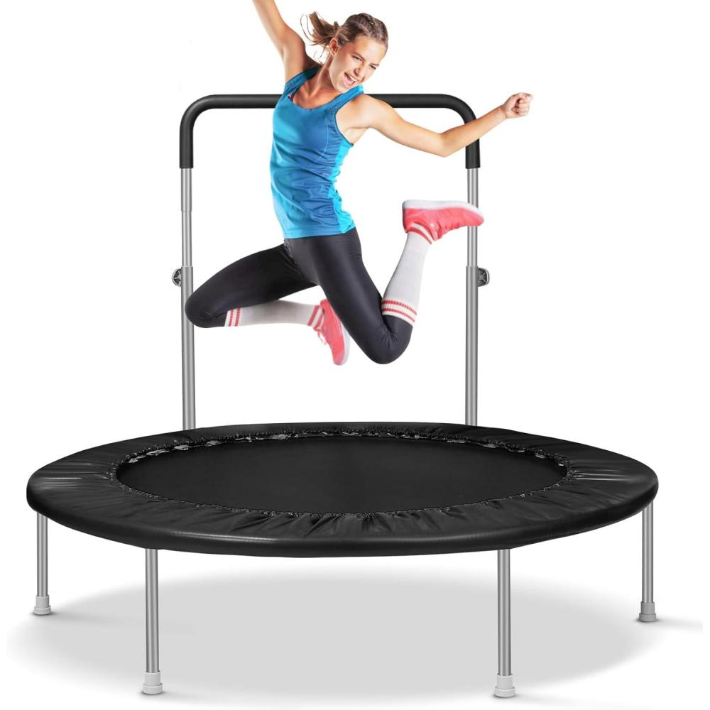 imageLyromix 40quot 48quot Rebounder Trampoline for Adults with Adjustable Bar Mini Fitness Trampoline for Adults and Kids Small Exercise Trampoline with Handle for Indoor Outdoor WorkoutDark Black