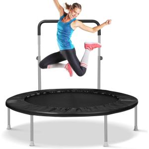 Lyromix 40″ / 48″ Rebounder Trampoline for Adults with Adjustable Bar, Mini Fitness Trampoline for Adults and Kids, Small Exercise Trampoline with Handle for Indoor Outdoor Workout(Dark Black)