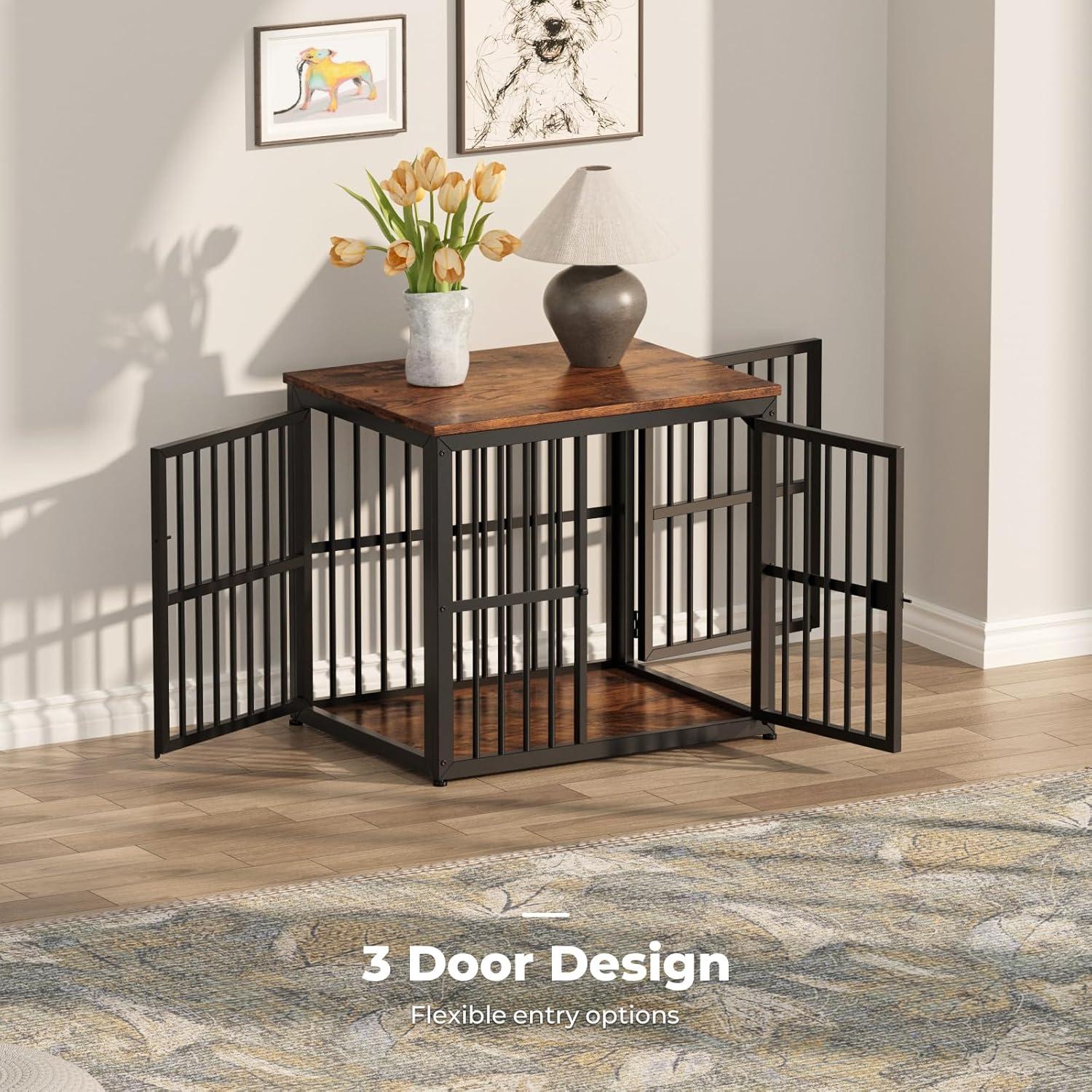 imageLyromix 33 Dog Crate Furniture with 3 DoorsWooden Crate End Table Heavy Duty Indoor Puppy Cage for Small to Medium Dogs Multiple Units Can be Combined GreyBrown