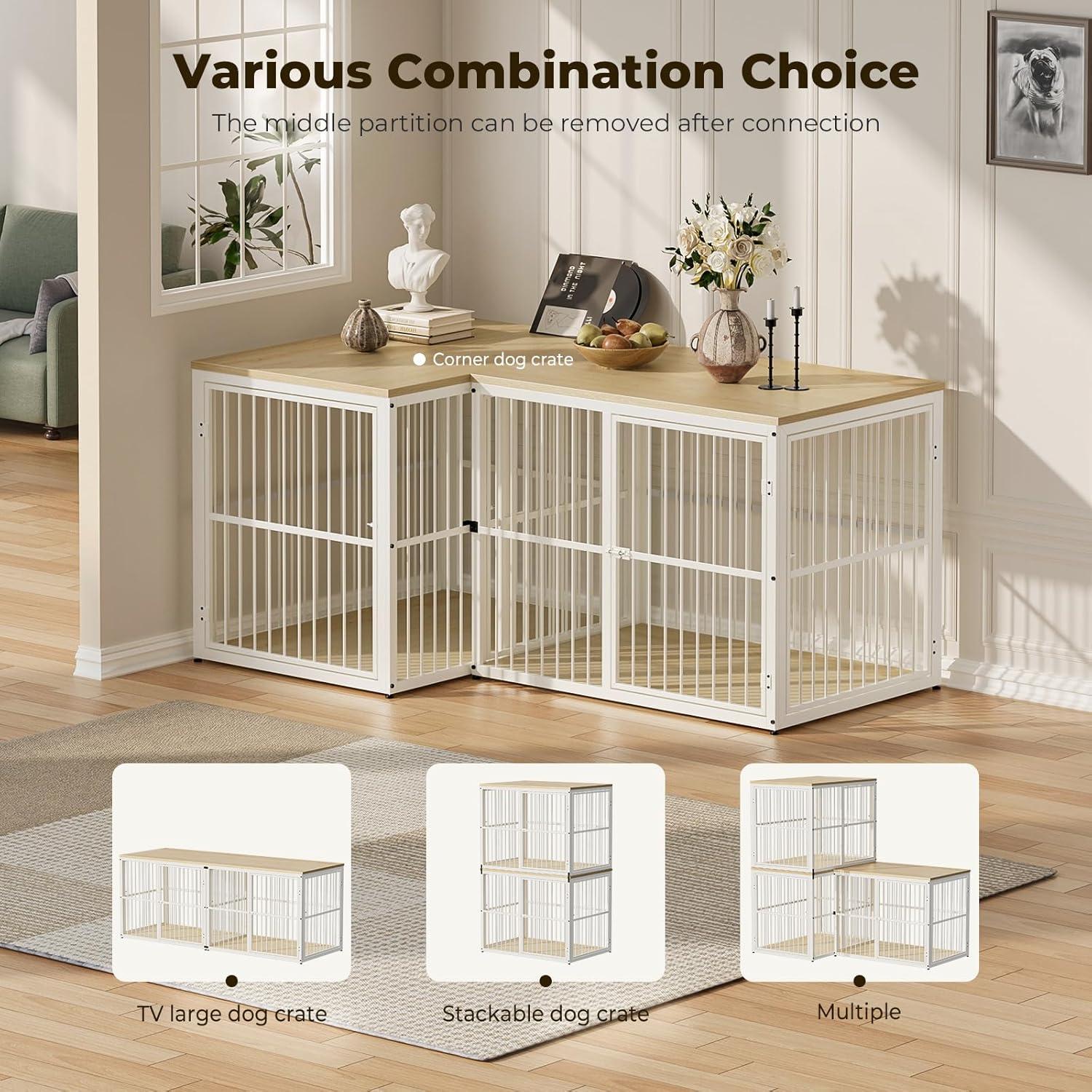 imageLyromix 33 Dog Crate Furniture with 3 DoorsWooden Crate End Table Heavy Duty Indoor Puppy Cage for Small to Medium Dogs Multiple Units Can be Combined GreyNatural Beech