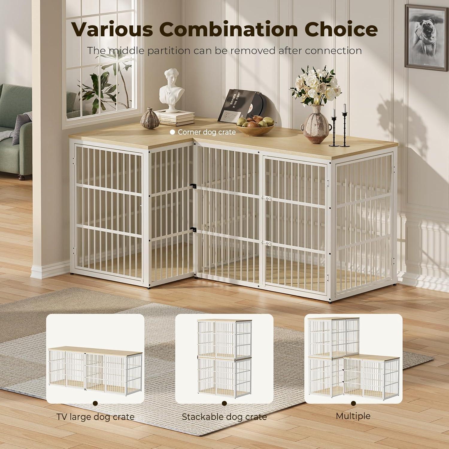 imageLyromix 33 Dog Crate Furniture with 3 DoorsWooden Crate End Table Heavy Duty Indoor Puppy Cage for Small to Medium Dogs Multiple Units Can be Combined GreyNatural Beech