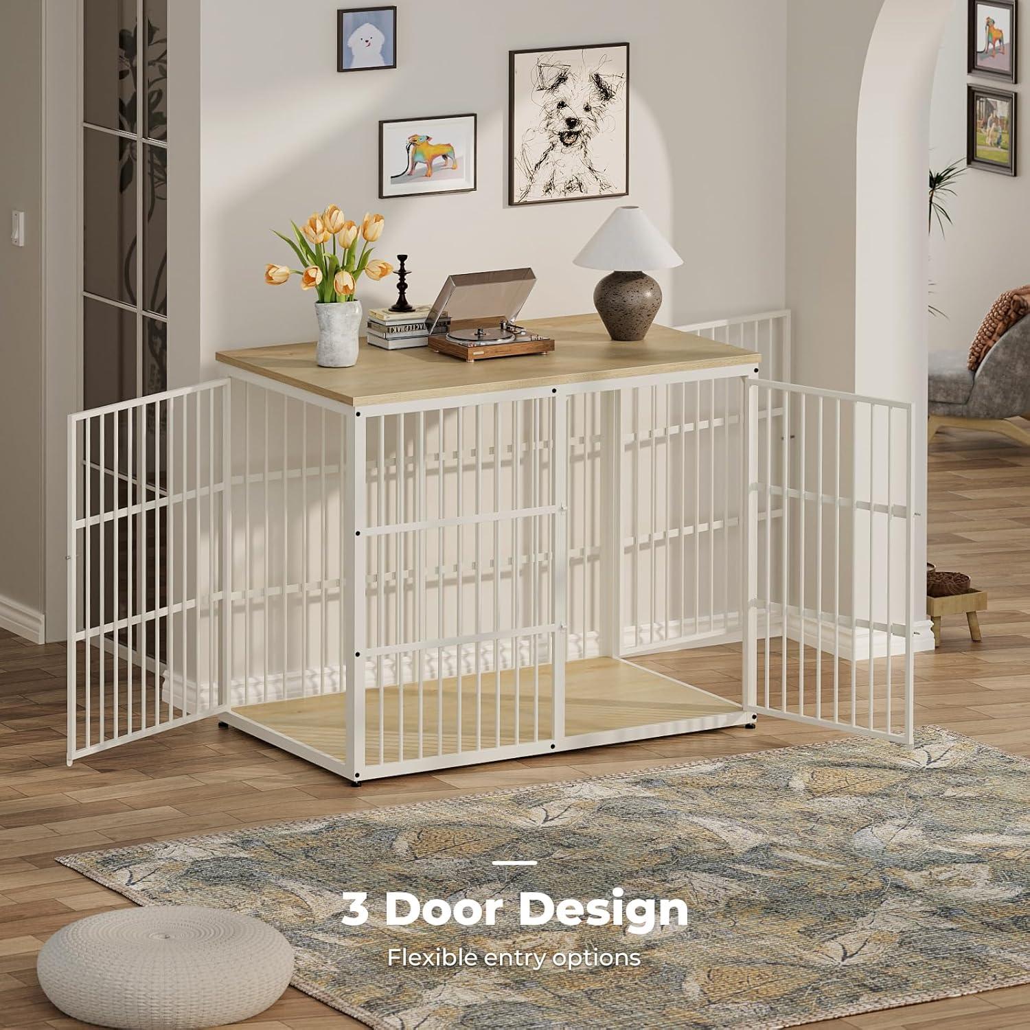 imageLyromix 33 Dog Crate Furniture with 3 DoorsWooden Crate End Table Heavy Duty Indoor Puppy Cage for Small to Medium Dogs Multiple Units Can be Combined GreyNatural Beech