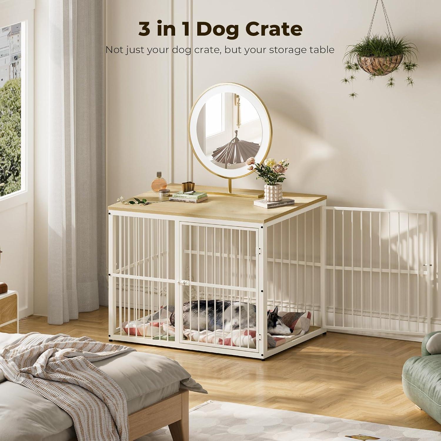 imageLyromix 33 Dog Crate Furniture with 3 DoorsWooden Crate End Table Heavy Duty Indoor Puppy Cage for Small to Medium Dogs Multiple Units Can be Combined GreyNatural Beech