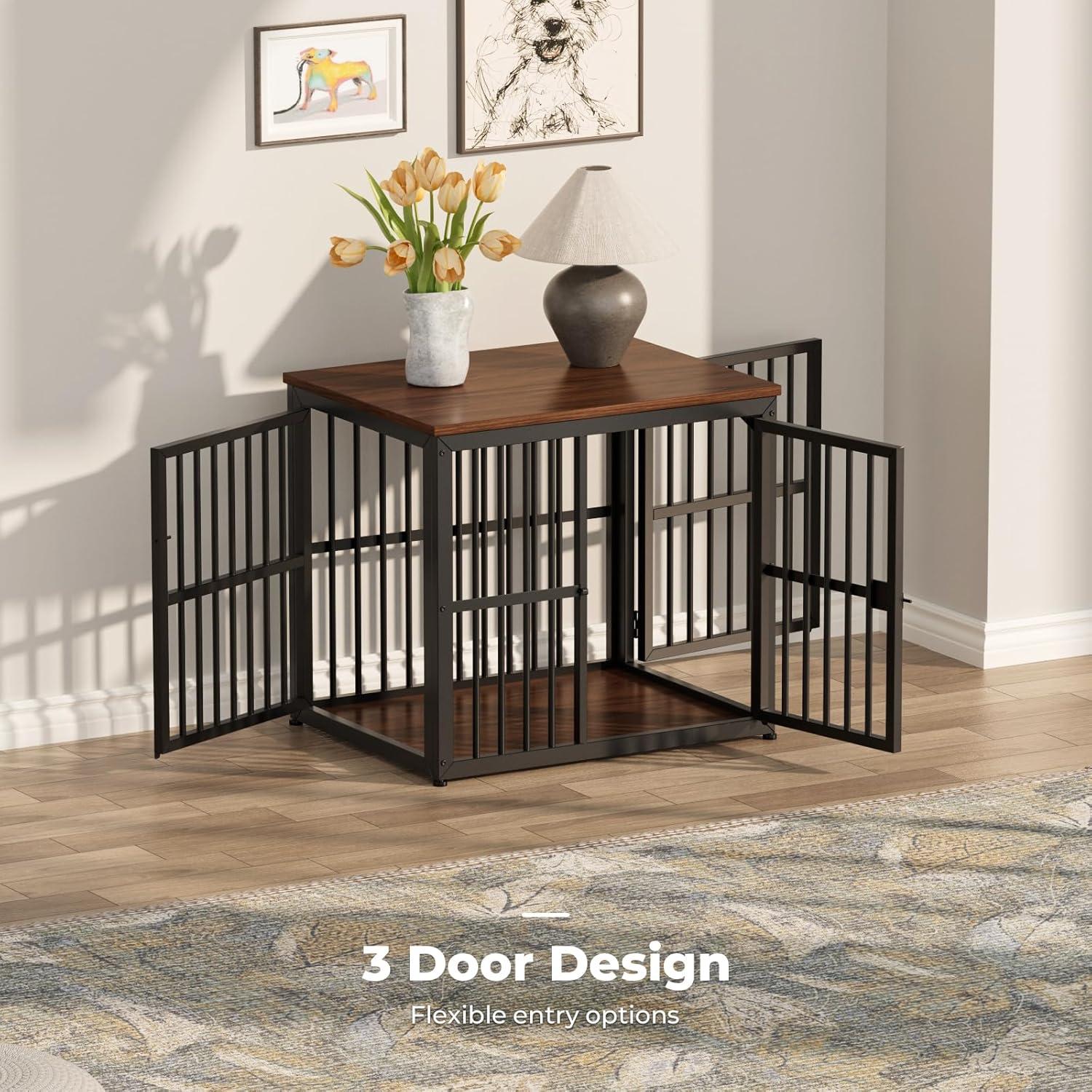 imageLyromix 33 Dog Crate Furniture with 3 DoorsWooden Crate End Table Heavy Duty Indoor Puppy Cage for Small to Medium Dogs Multiple Units Can be Combined GreyWalnut