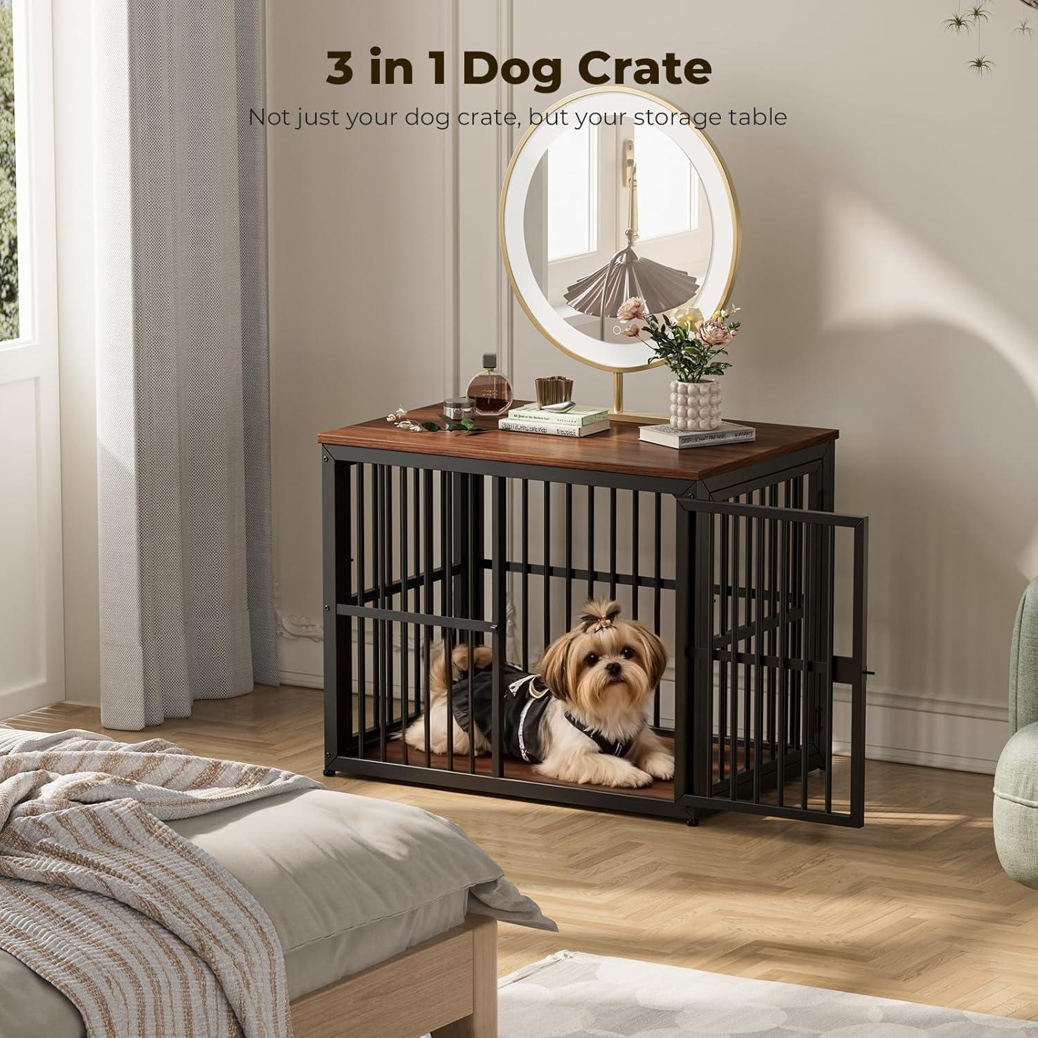 imageLyromix 33 Dog Crate Furniture with 3 DoorsWooden Crate End Table Heavy Duty Indoor Puppy Cage for Small to Medium Dogs Multiple Units Can be Combined GreyWalnut