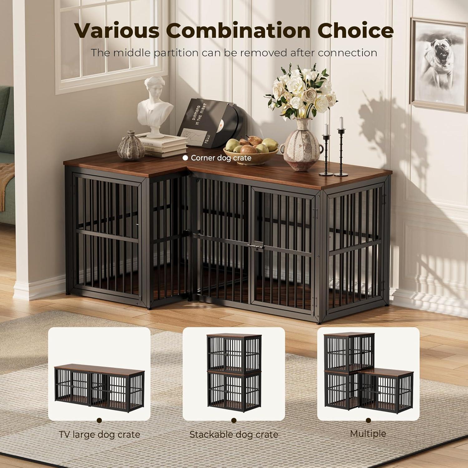 imageLyromix 33 Dog Crate Furniture with 3 DoorsWooden Crate End Table Heavy Duty Indoor Puppy Cage for Small to Medium Dogs Multiple Units Can be Combined GreyWalnut