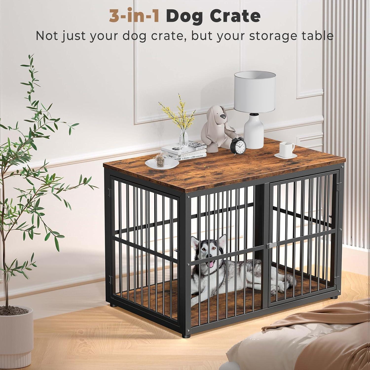 imageLyromix 33 Dog Crate Furniture with 3 DoorsWooden Crate End Table Heavy Duty Indoor Puppy Cage for Small to Medium Dogs Multiple Units Can be Combined GreyBrown