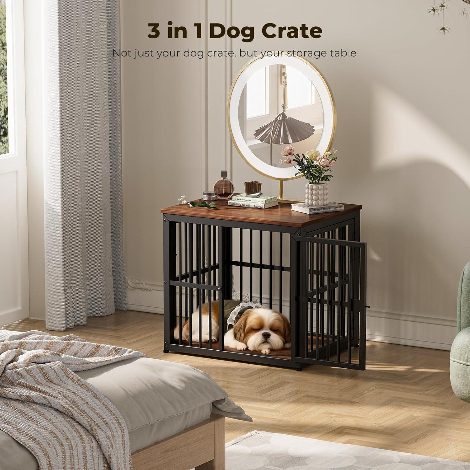 imageLyromix 33 Dog Crate Furniture with 3 DoorsWooden Crate End Table Heavy Duty Indoor Puppy Cage for Small to Medium Dogs Multiple Units Can be Combined GreyWalnut